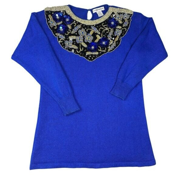 VTG Victoria Harbour Sweater Tunic Shirt Women's Size M Royal Blue Beaded Sequin - Picture 2 of 13